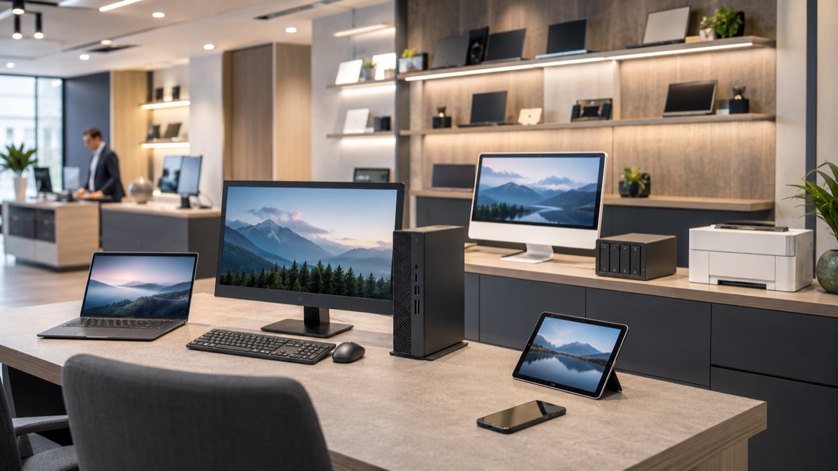 Auswahl moderner Computer, Notebooks, Monitore, Tablets und Drucker