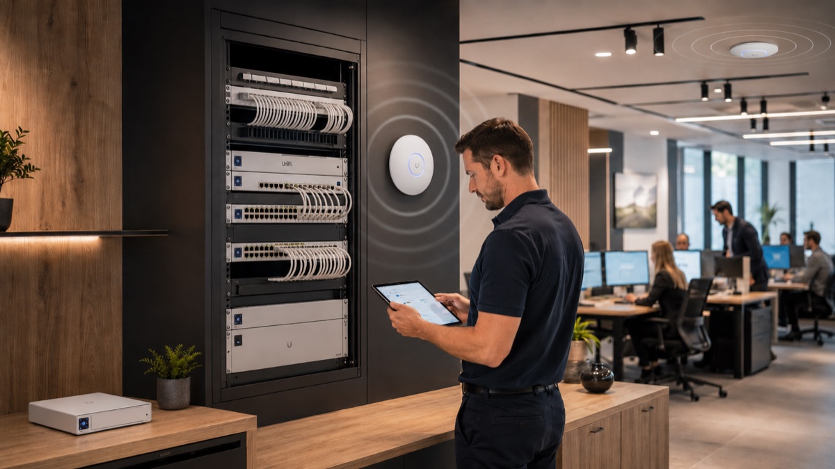 Professionelles Firmennetzwerk mit Netzwerkschrank, Switches und WLAN