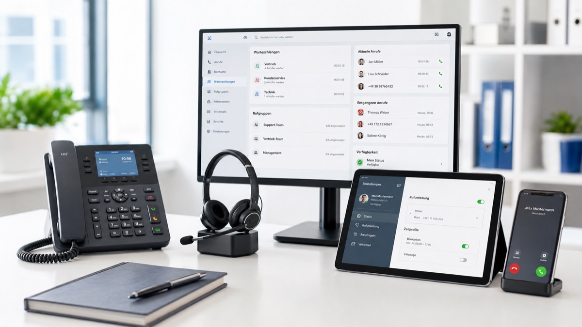 Moderne Telefonanlage mit VoIP-Telefon, Headset, Tablet und Smartphone